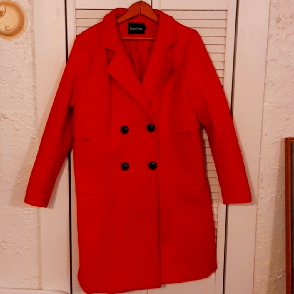 Red medium length peacoat